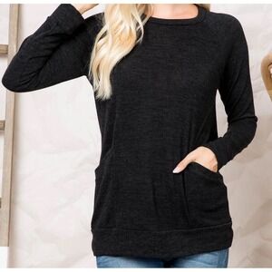 You & Me Pullover Top Womens XL Black Raglan Sleeve Front Pockets Casual Knit